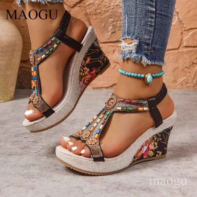 Boho Beaded Floral Wedge Sanda - Ethnic Fashion For Women review and price