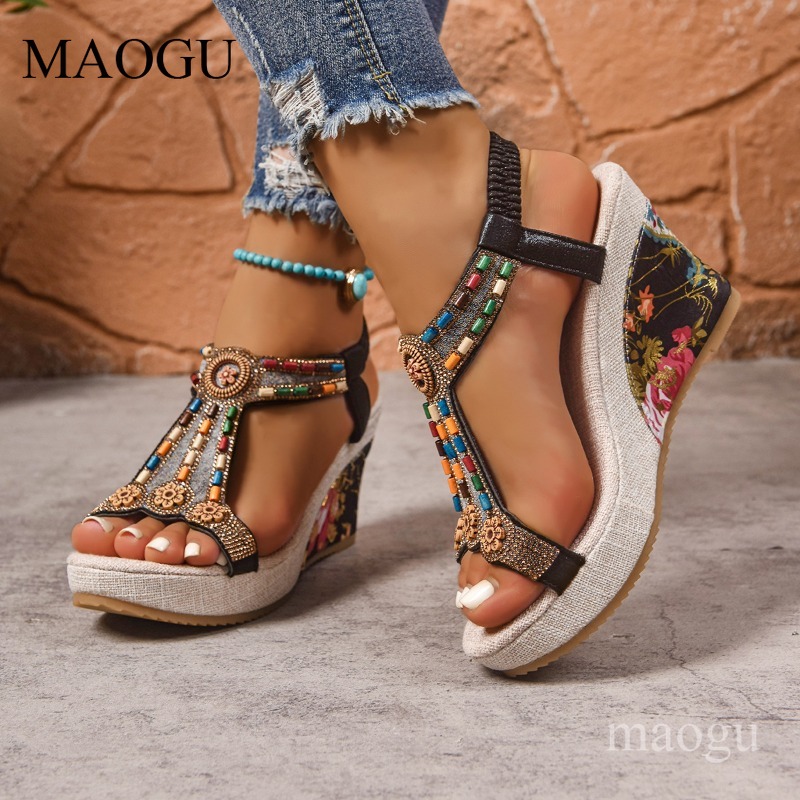 Boho Beaded Floral Wedge Sanda - Ethnic Fashion For Women review and price